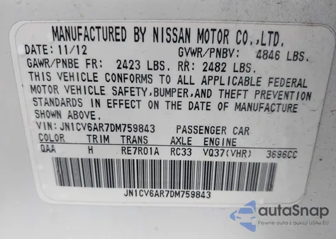 2013 Infiniti G37X z USA, uszkodzony, nr VIN JN1CV6AR7DM759843